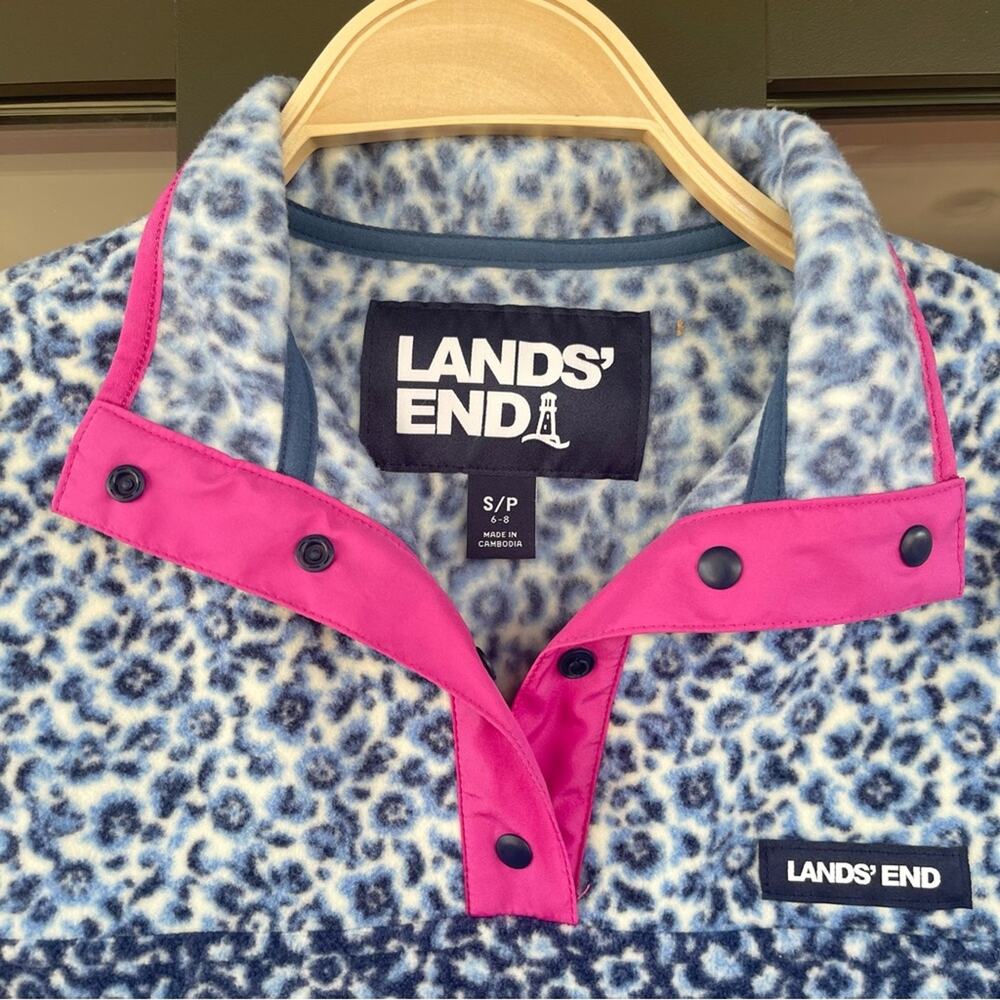 LANDS’ END ~ Blue Floral Color-Block Fleece with Cute Bright Pink Detail ~ Small - Picture 6 of 9